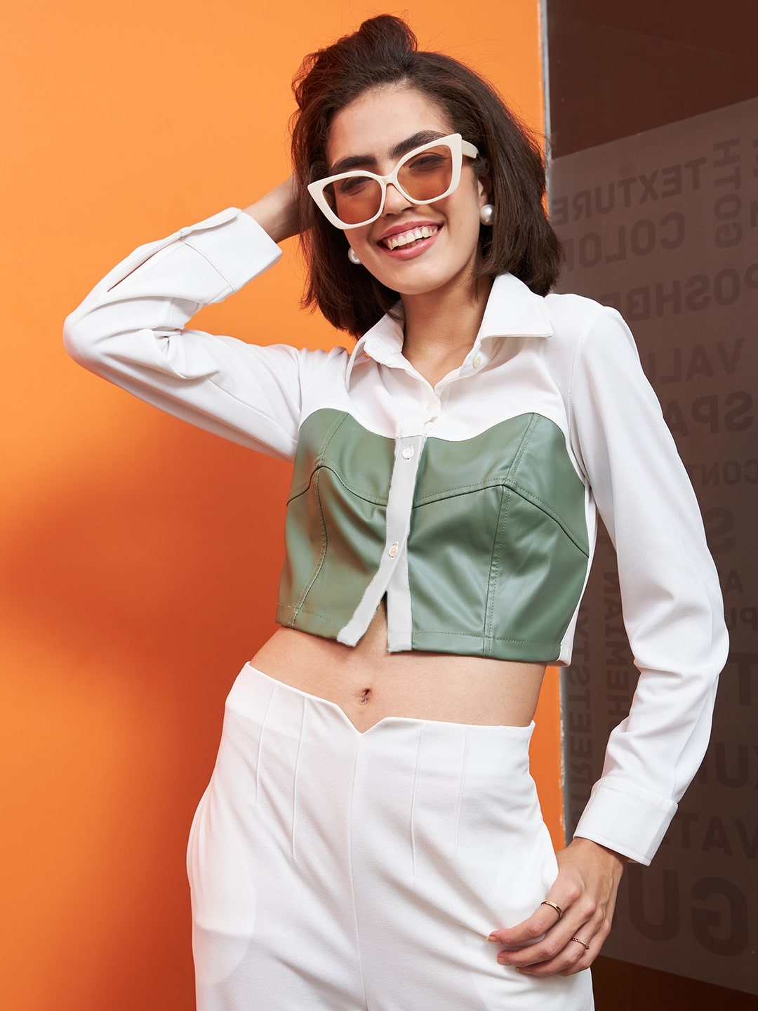 Athena Colourblocked Cuffed Sleeves Leather Shirt Style Crop Top