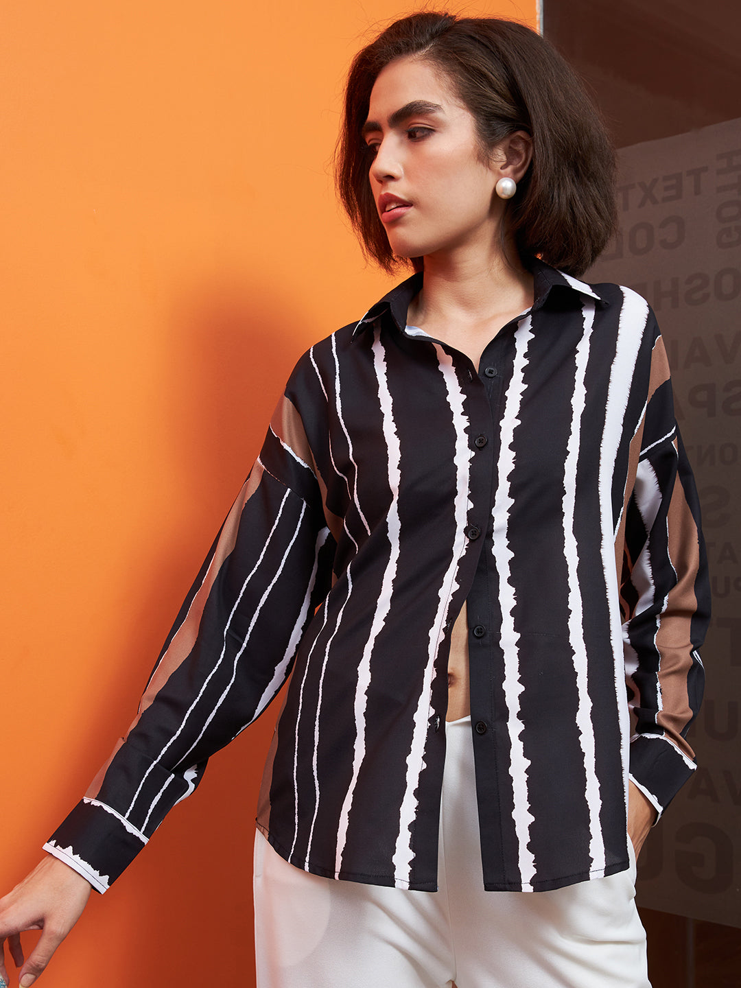 Athena Black & White Striped Spread Collar Linen Top
