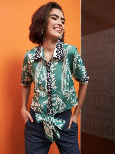 Athena Green Ethnic Motifs Printed Front Knot Linen Shirt Style Top
