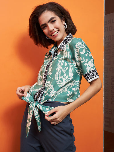 Athena Green Ethnic Motifs Printed Front Knot Linen Shirt Style Top