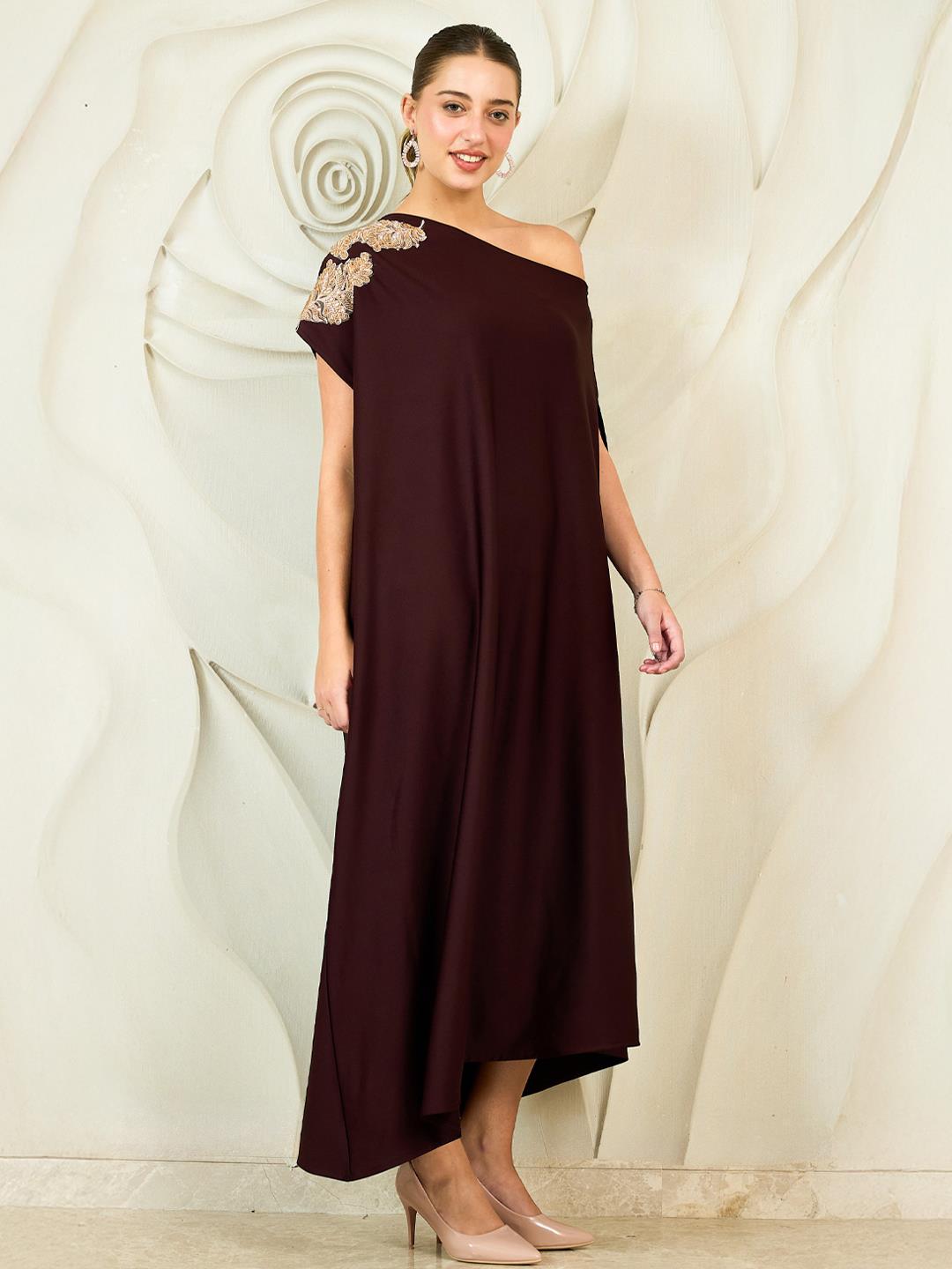 Shally Bhasin by Athena Embroidered One Shoulder Kaftan Maxi Dress