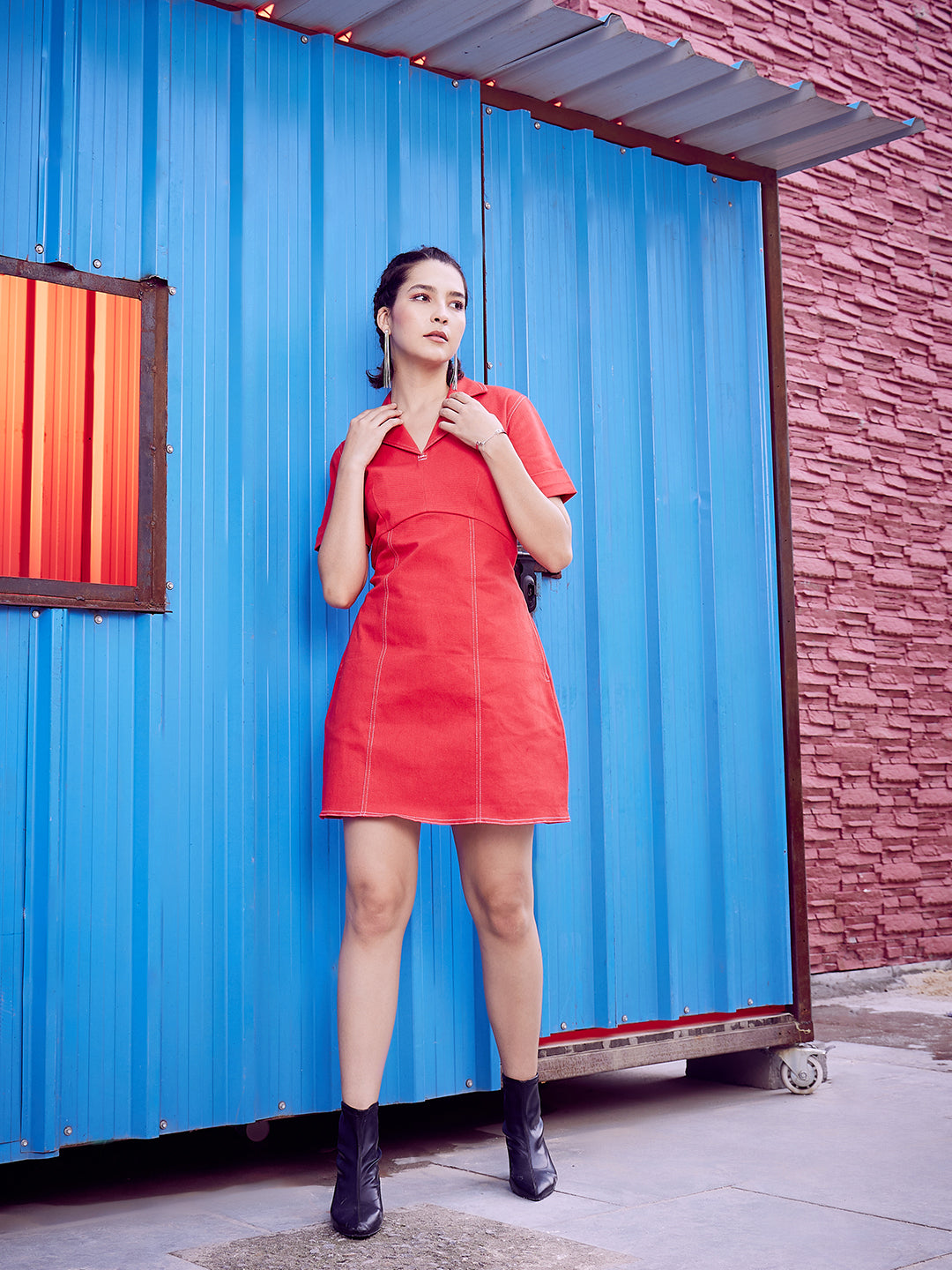 Athena Red Shirt Collar Pure Cotton Shirt Dress