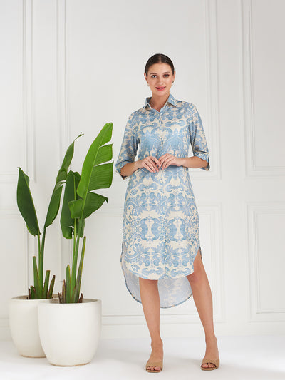 Athena Blue Ethnic Motifs Printed Cotton Shirt Midi Dress - Athena Lifestyle