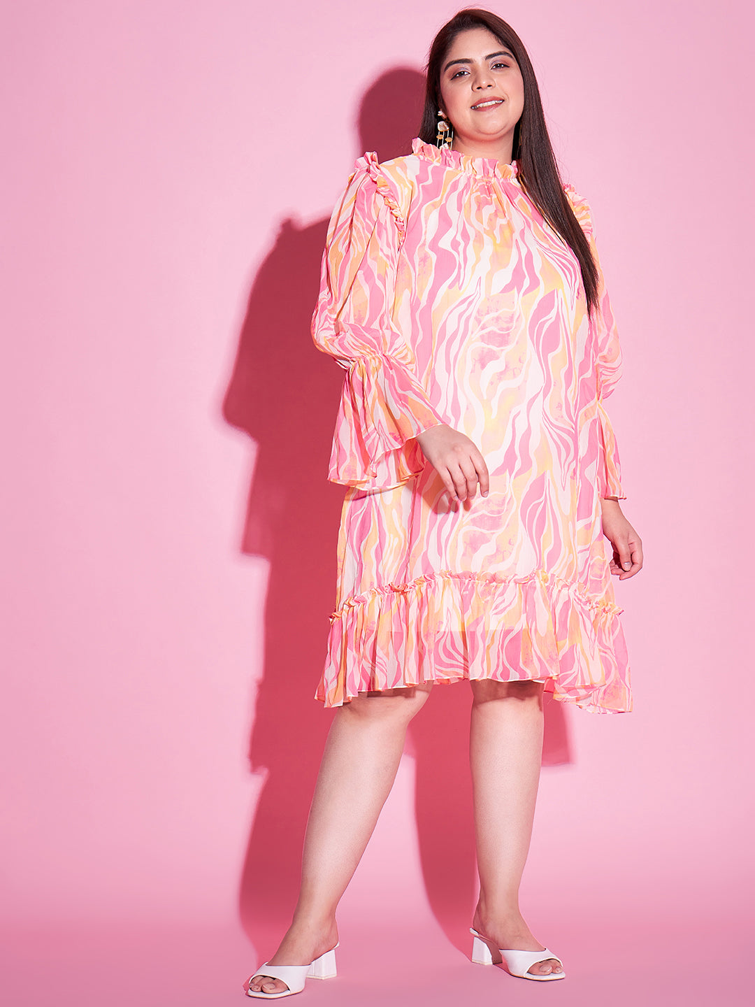 Athena Ample Plus Size Abstract Printed Bell Sleeves Ruffled A-Line Dress - Athena Lifestyle