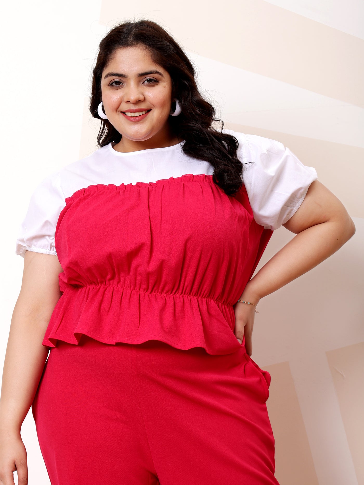 Athena Ample Plus Size Colourblocked Puff Sleeves Cotton Cinched Waist Top