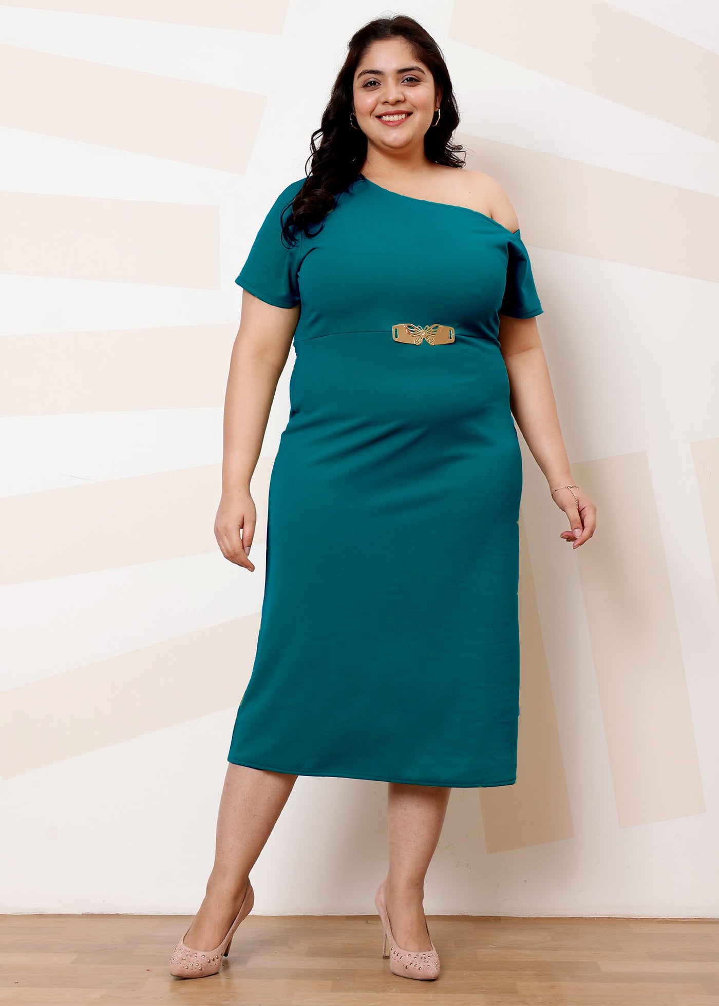 Athena Ample Scuba Plus Size One Shoulder A-Line Midi Dress