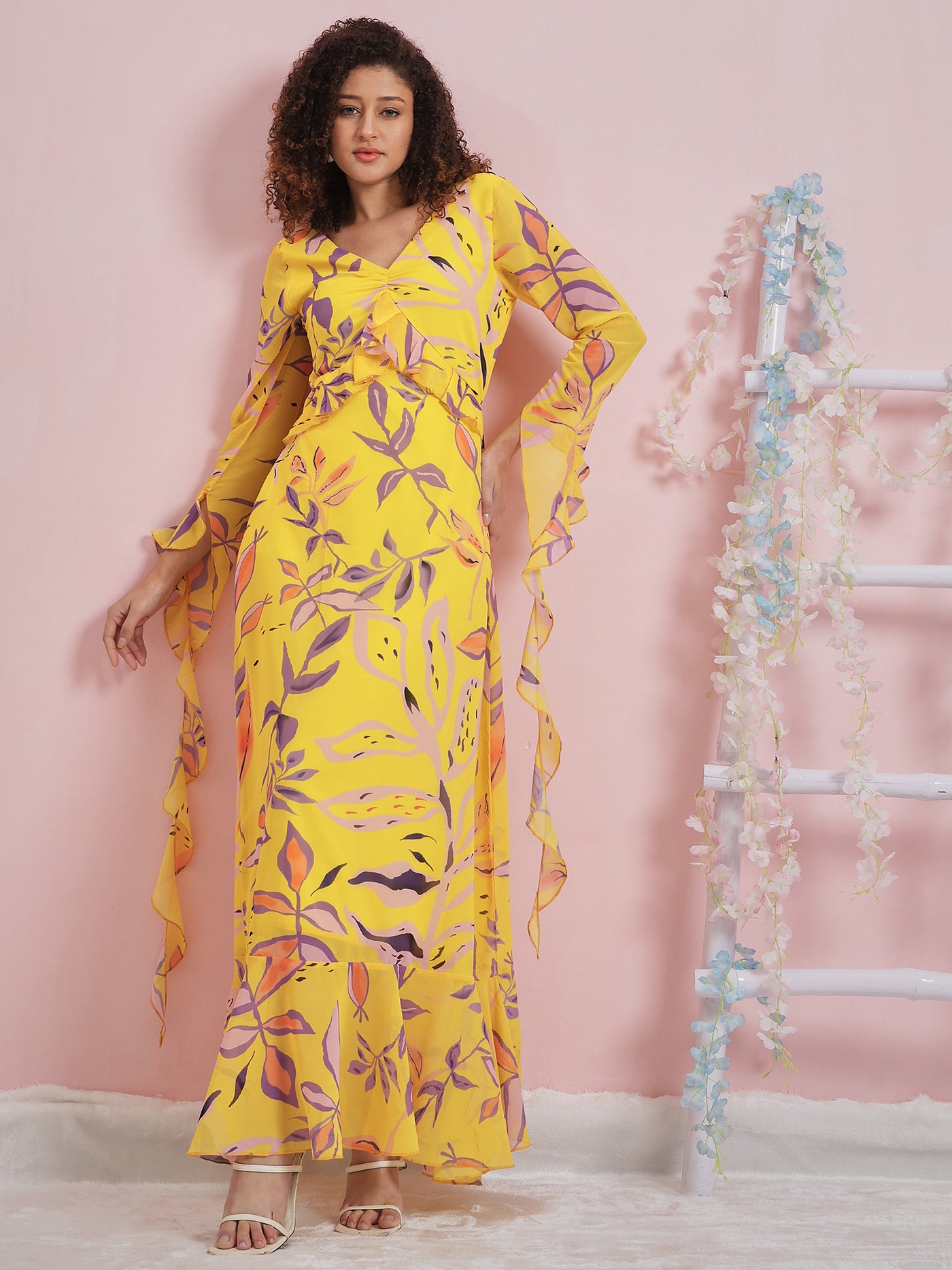 Athena Floral Printed Ruffled Georgette Maxi Dress