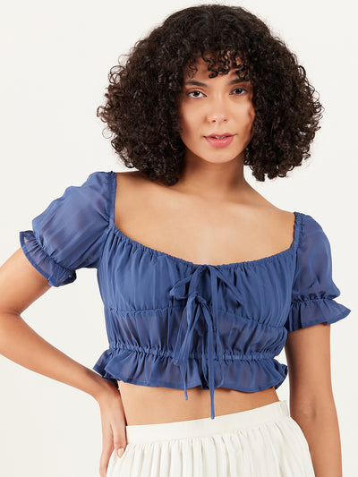 Athena Sweetheart Neck Puff Sleeve Gathered Cinched Waist Crop Top