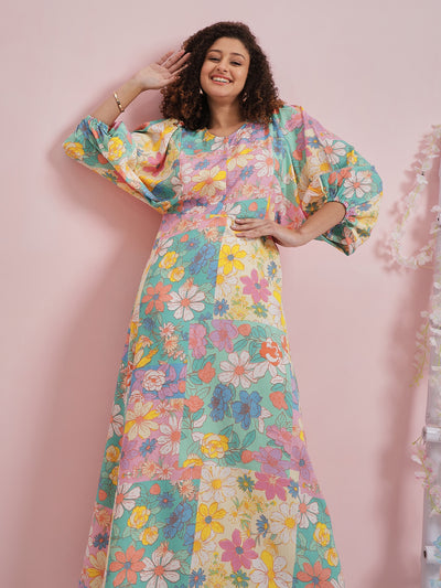 Athena Floral Printed Round Neck Three-Quarter Sleeves Flutter Sleeve Crepe Maxi Dress