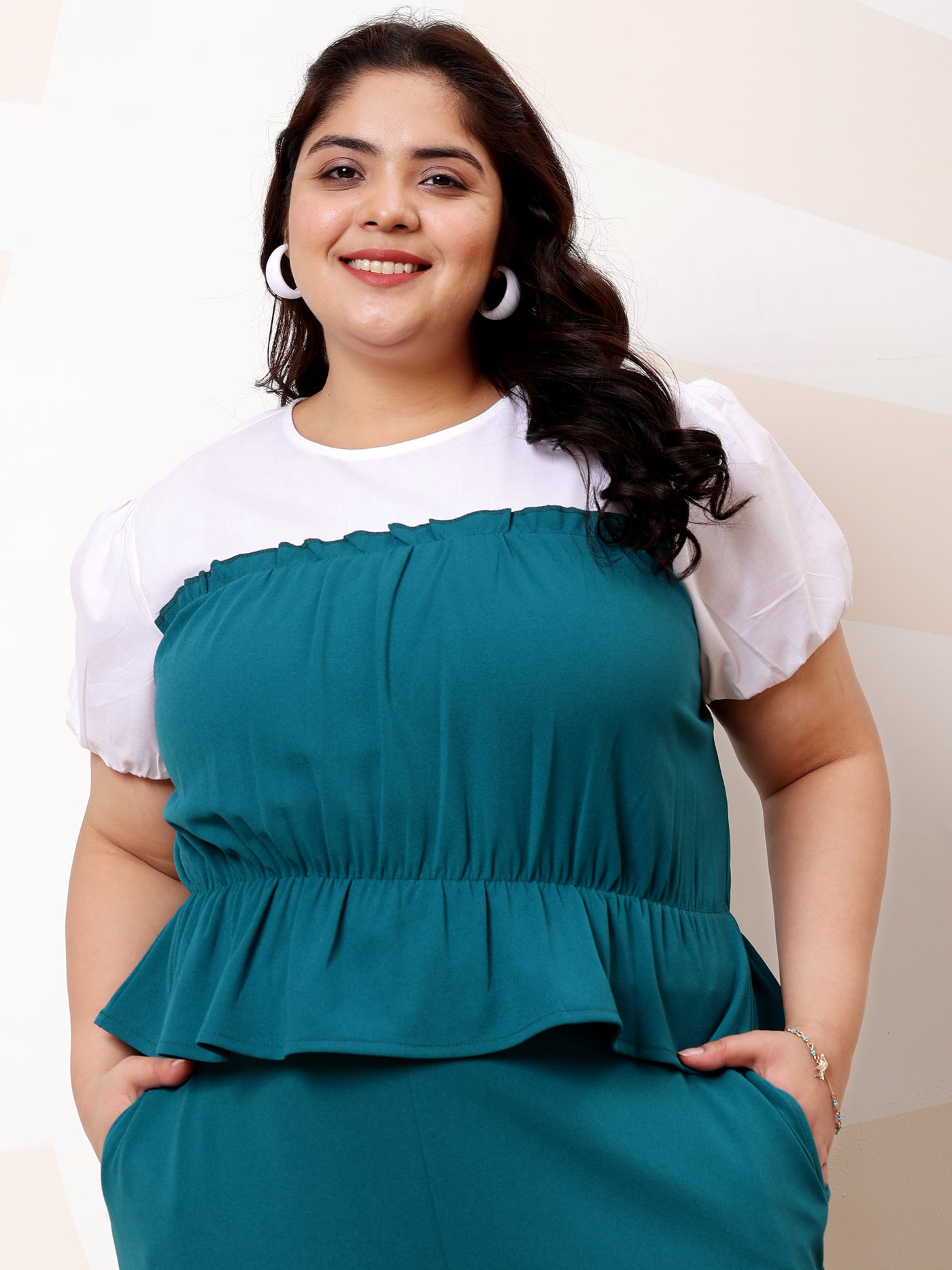 Athena Ample Plus Size Colourblocked Top With Trousers Co-Ords