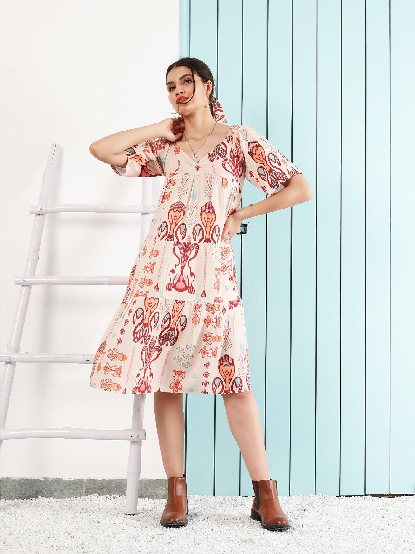 Boho By Athena bohemian Floral Print Flared Sleeve Layered A-Line Tiered Dress