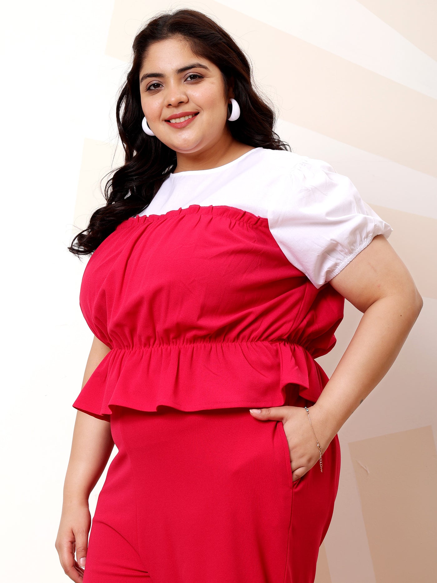 Athena Ample Plus Size Colourblocked Puff Sleeves Cotton Cinched Waist Top