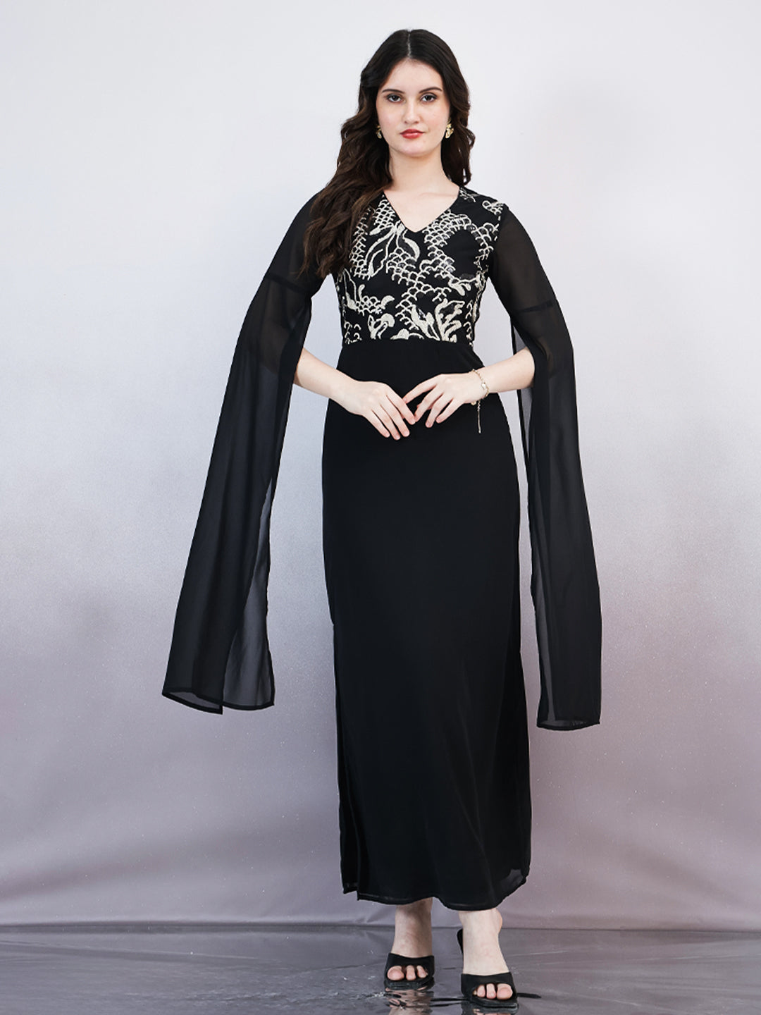 Shally Bhasin by Athena Women V-Neck Embellished Embroidered Georgette Maxi Dress