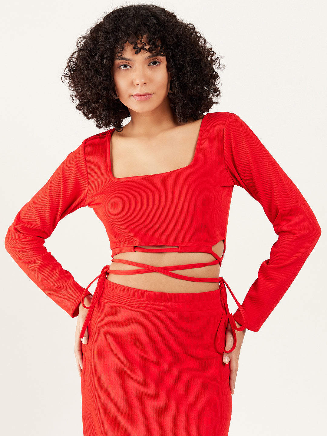 Athena Square Neck Tie-Up Detailed Fitted Crop Top