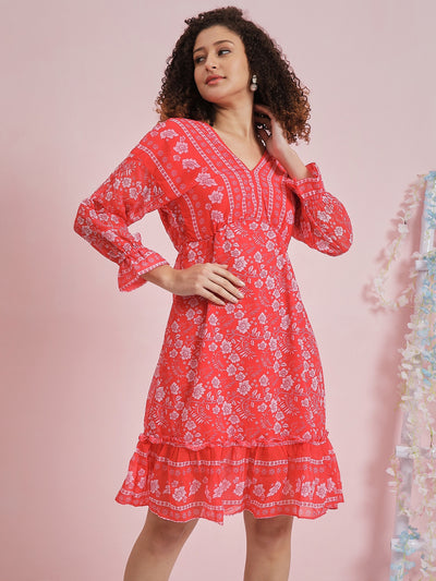 Athena Floral Printed Bell Sleeve Georgette Fit & Flare Dress