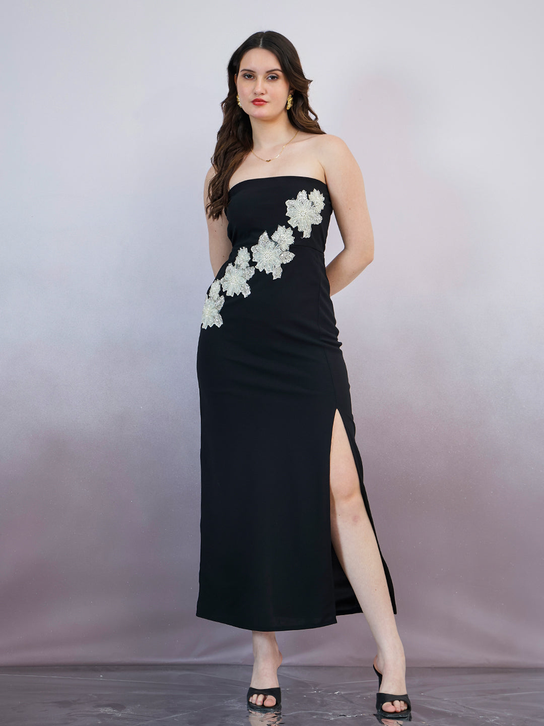 Shally Bhasin by Athena Women Embellished Applique Scuba Bandeau Midi Dress