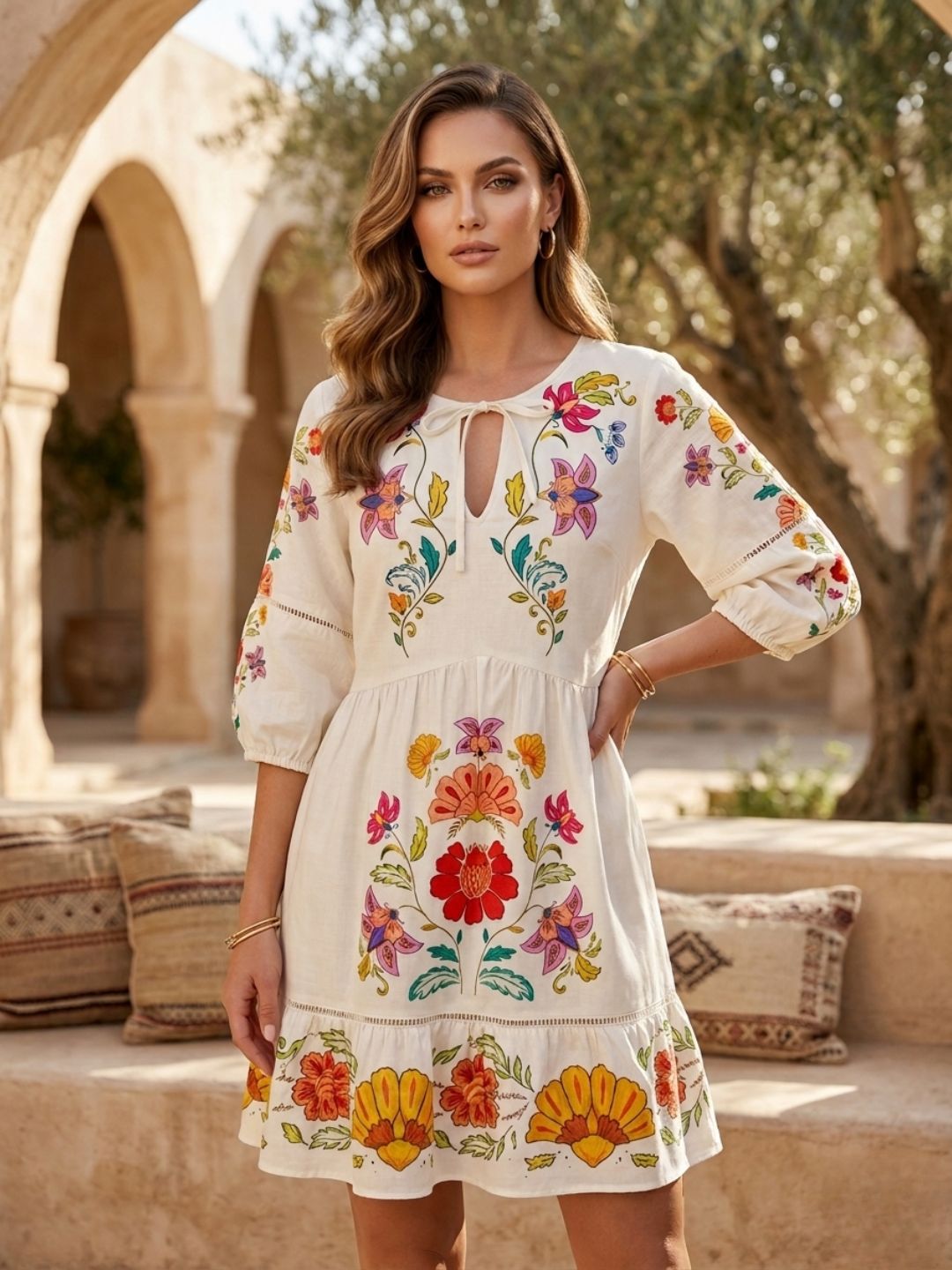 Floral Embroidered Tie-Up Neck Linen Fit & Flare Dress – athenalifestyle.com