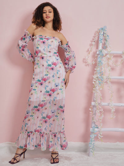 Athena Floral Printed Off-Shoulder Georgette Maxi Dress