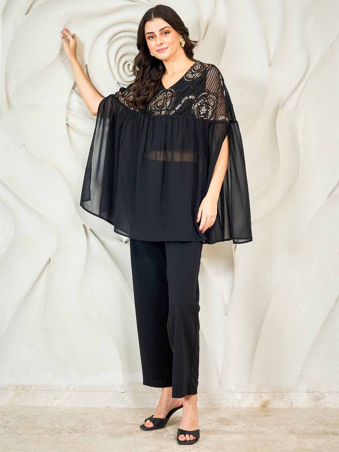 Shally Bhasin by Athena Embroidered Batwing Top With Trousers Co-Ords