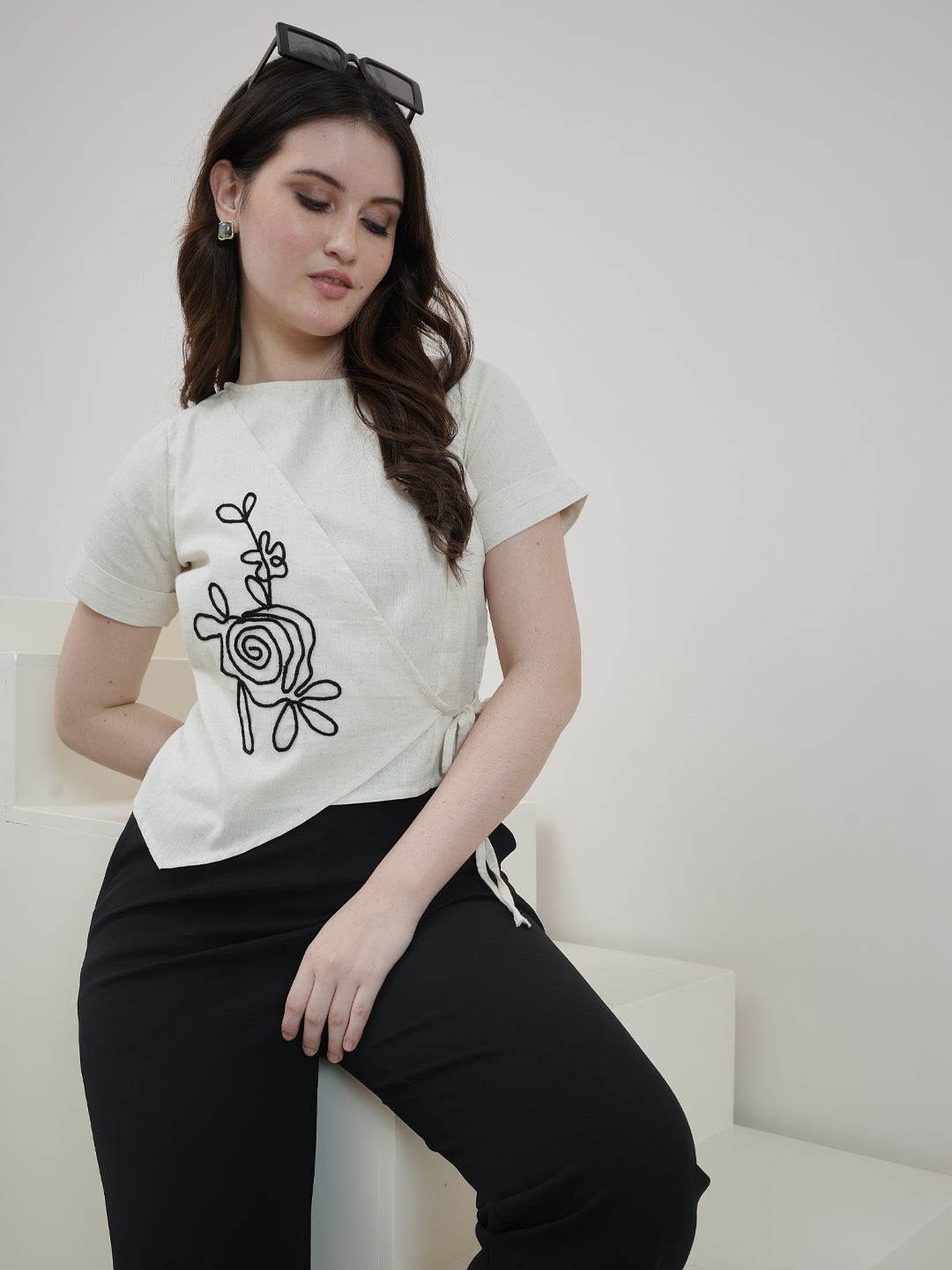 Boho By Athena Women Round Neck Floral Embroidered Tie-Ups Detail Cotton Crop Top