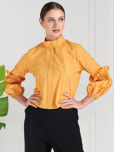 Athena Orange Mandarin Collar Puff Sleeves Cotton Shirt Style Top - Athena Lifestyle