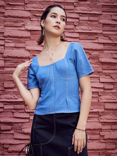 Athena Square Neck Denim Top