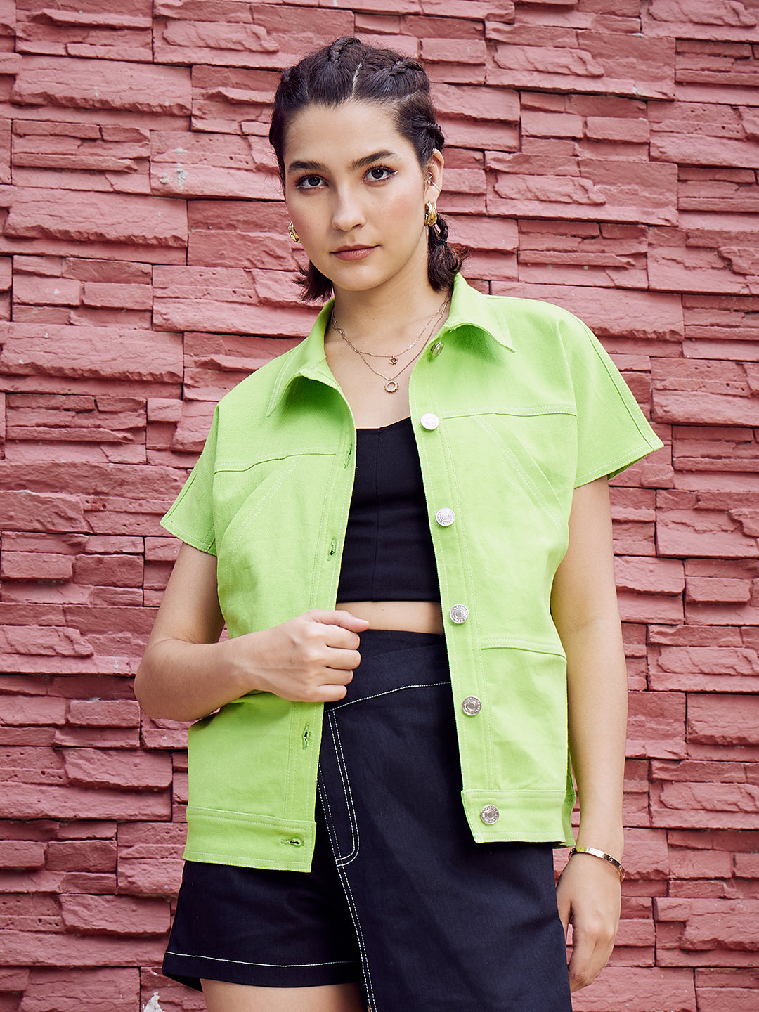 Athena Green Spread Collar Cotton Crop Denim Jacket