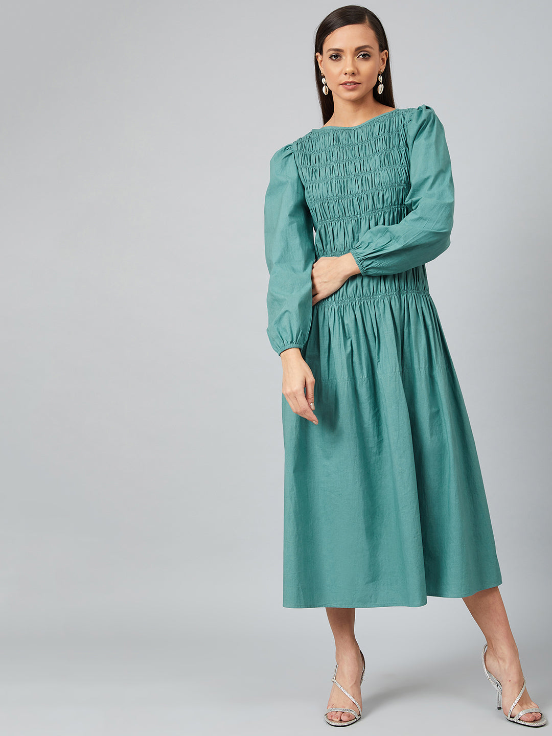 Athena Women Teal Green Solid Smocked A-Line Dress