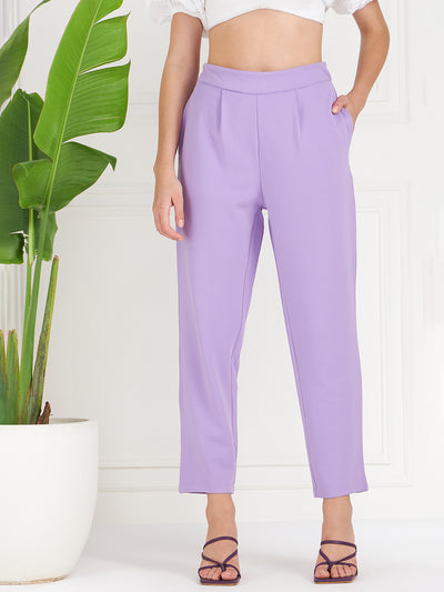 Athena Women Lavender Relaxed Straight Leg Fit Pleated Trousers - Athena Lifestyle