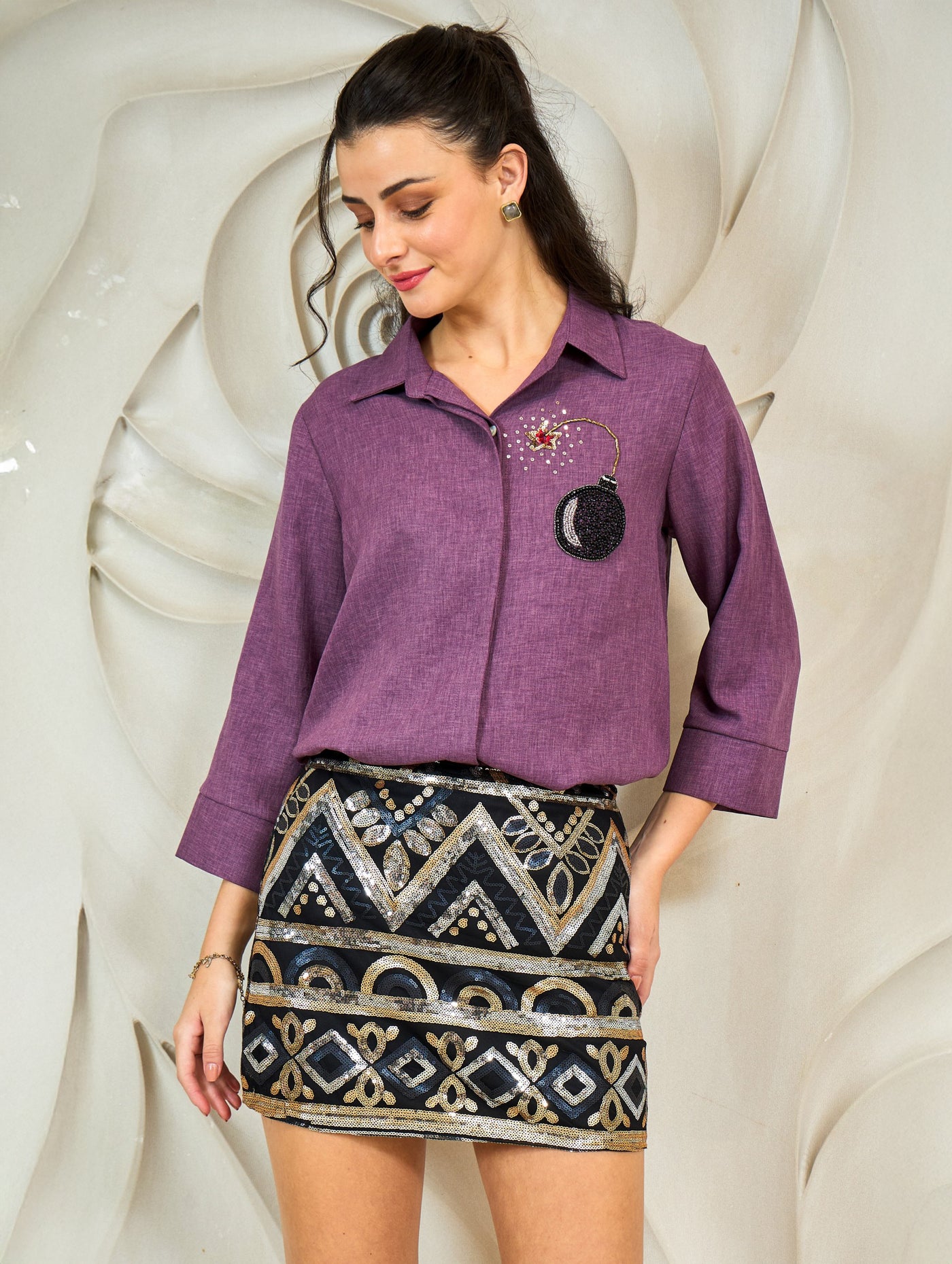 Shally Bhasin by Athena Bombed Embroidered Relaxed Fit Linen Shirt