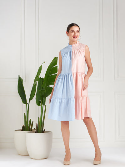 Athena Blue Colorblocked Tiered A-Line Cotton Midi Dress - Athena Lifestyle