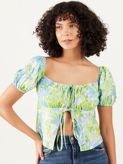 Athena Floral Printed Square Neck Puff Sleeve Tie-Up Regular Crop Top