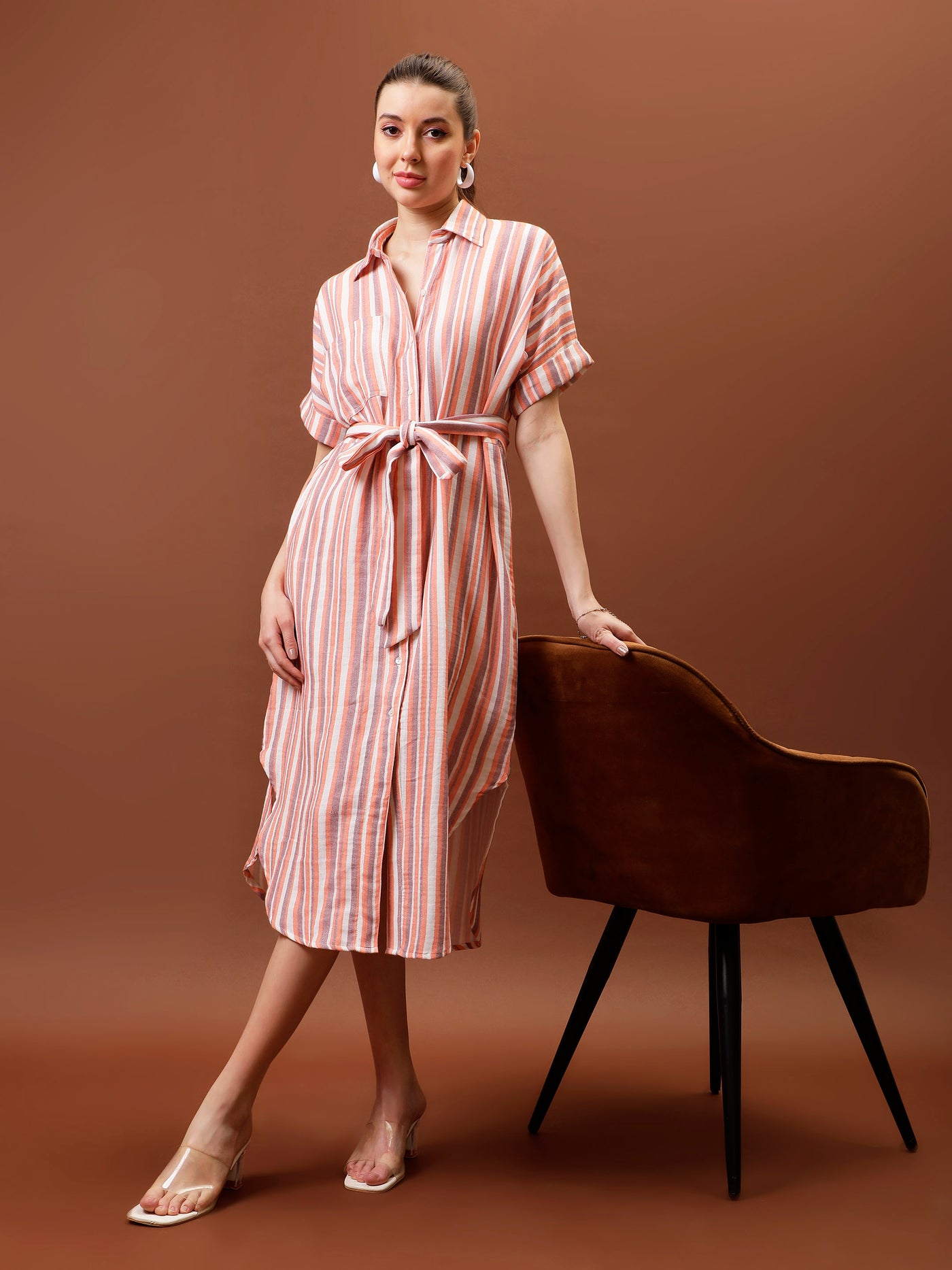 Athena Immutable Striped Shirt Collar Midi Shirt Dress