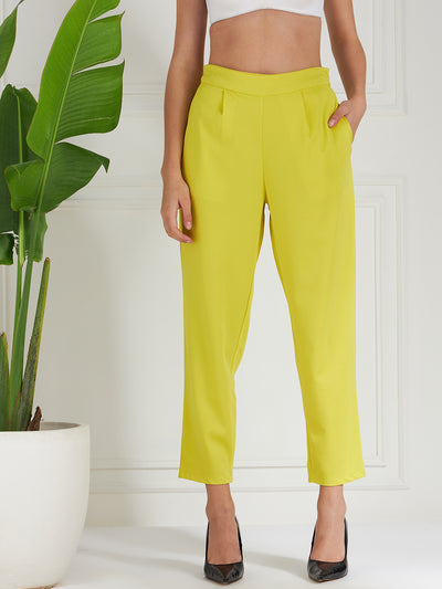 Athena Women Yellow Relaxed Straight Leg Fit Pleated Trousers - Athena Lifestyle