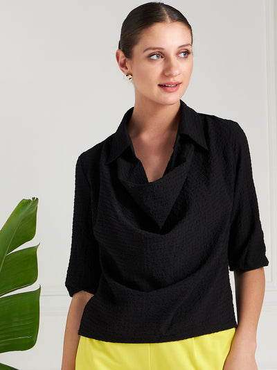 Athena Black Self Design Cowl Neck Shirt Style Top - Athena Lifestyle