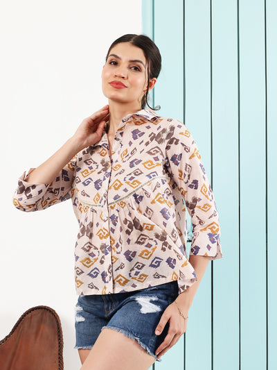 Boho By Athena Women Abstract Printed Shirt Collar Lace Inserts Cotton Shirt Style Top