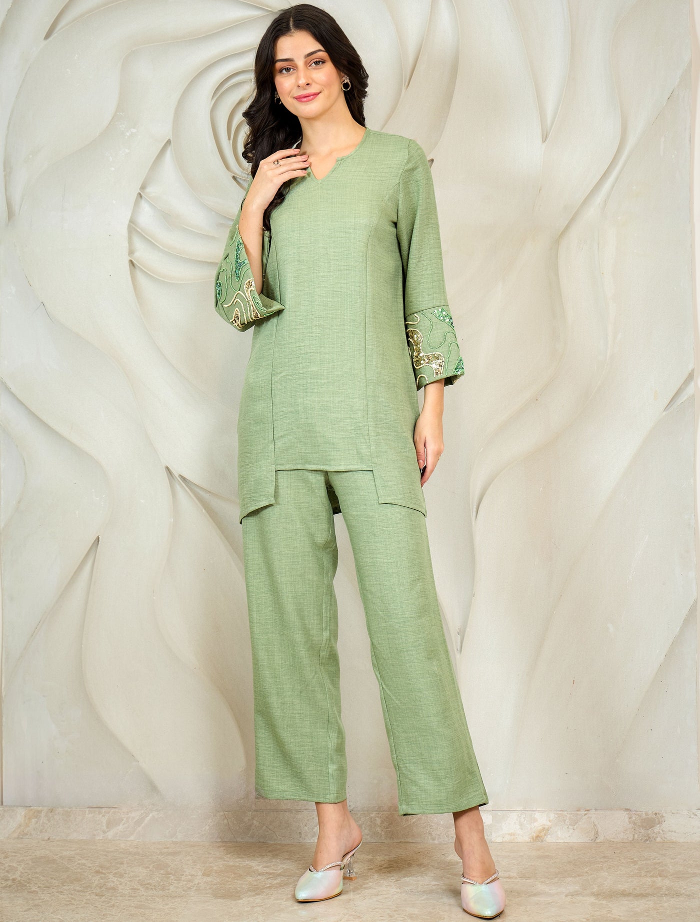 Athena Embroidered V-Neck Beads and Stones Linen Straight Kurta With Trousers