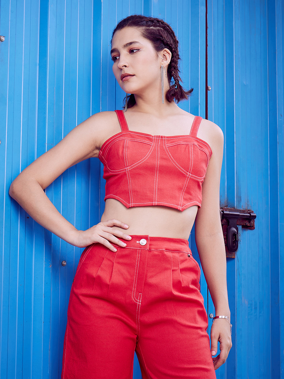 Athena Red Shoulder Straps Cotton Canvas Fitted Crop Top