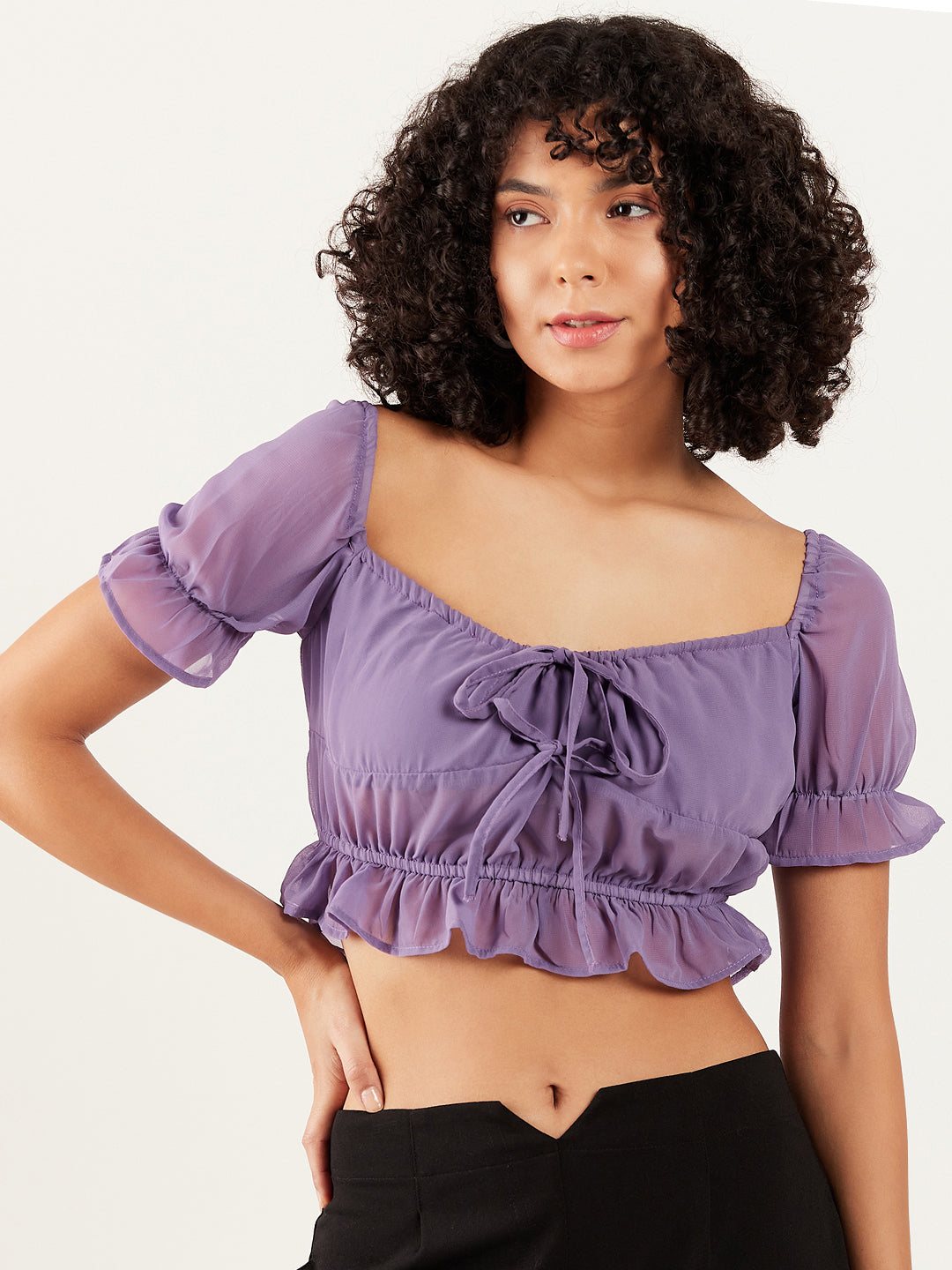 Athena Sweetheart Neck Puff Sleeve Gathered Cinched Waist Crop Top