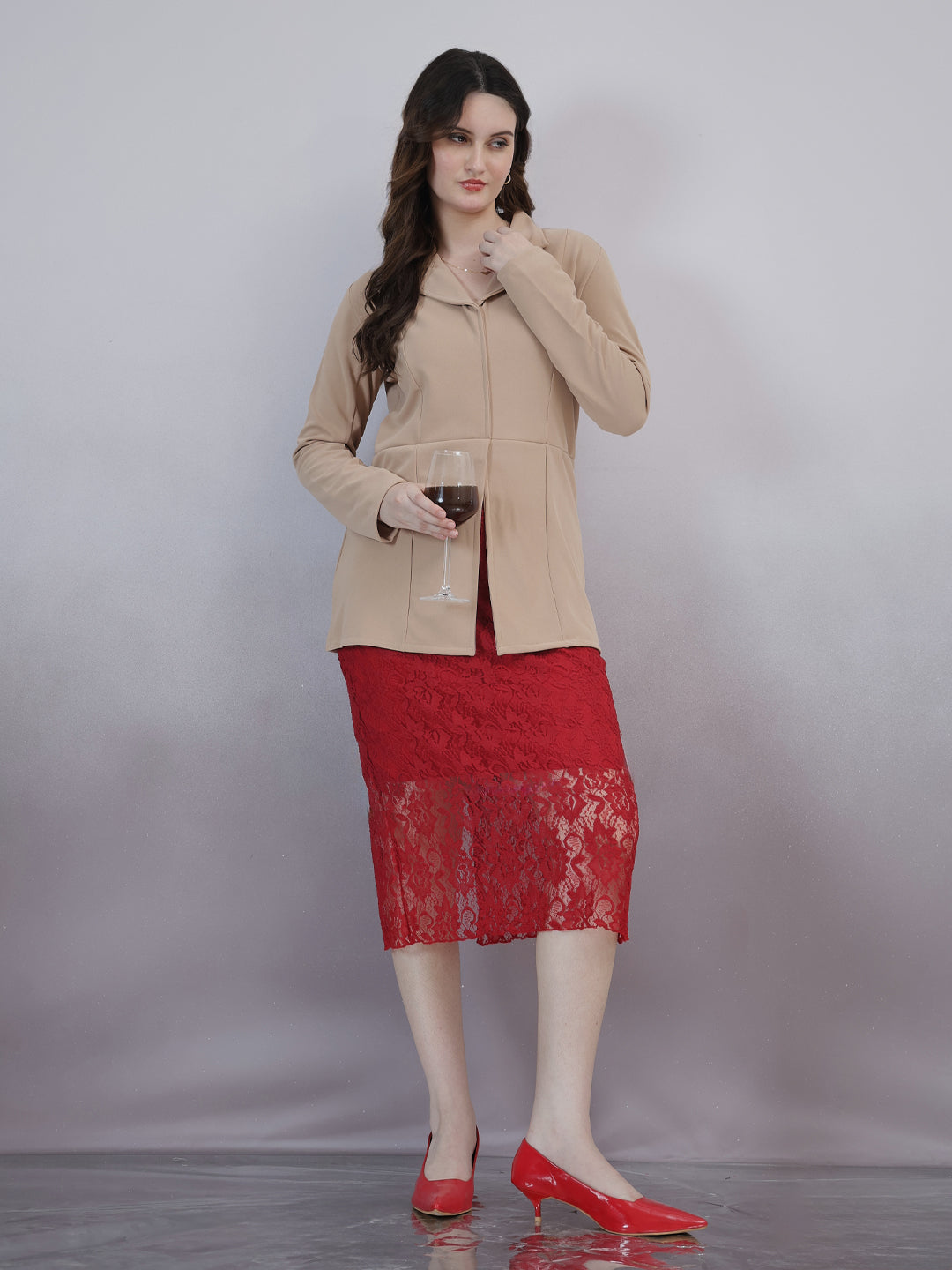 Shally Bhasin by Athena Self Design Shirt Collar Lace Blazer Midi Dress