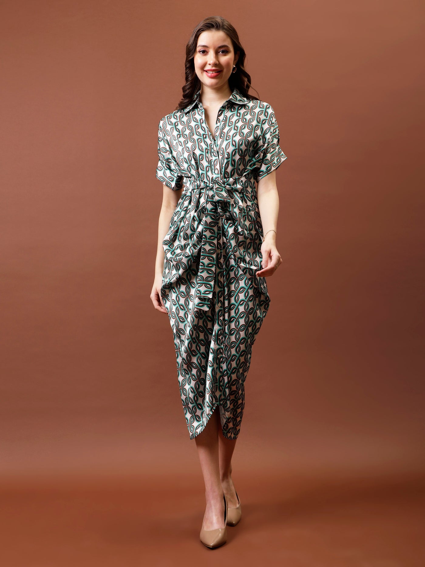 Athena Print Geathered Hem Satin Midi Shirt Dress