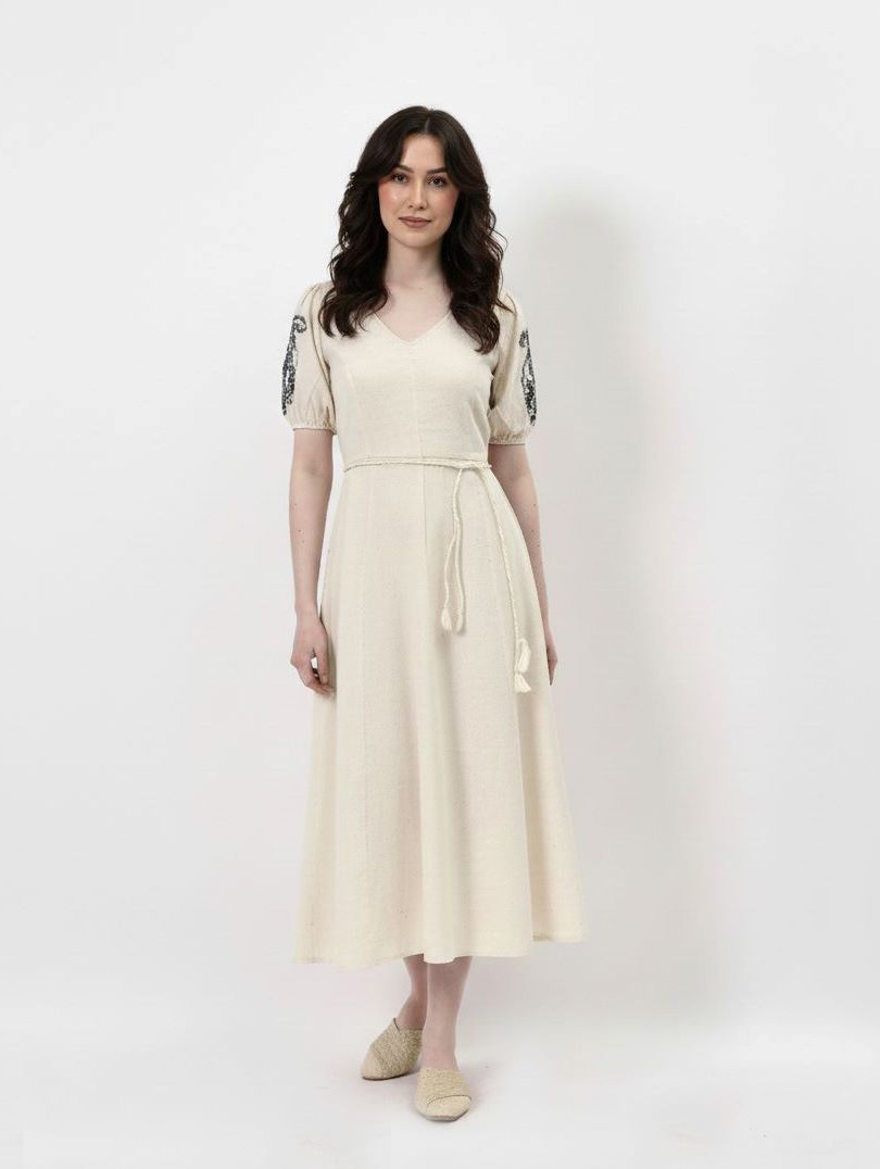 Embroidered Puff Sleeve A-Line Midi Dress – athenalifestyle.com