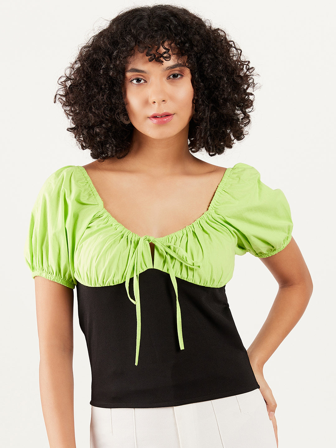 Athena Colourblocked Puff Sleeve Fitted Top