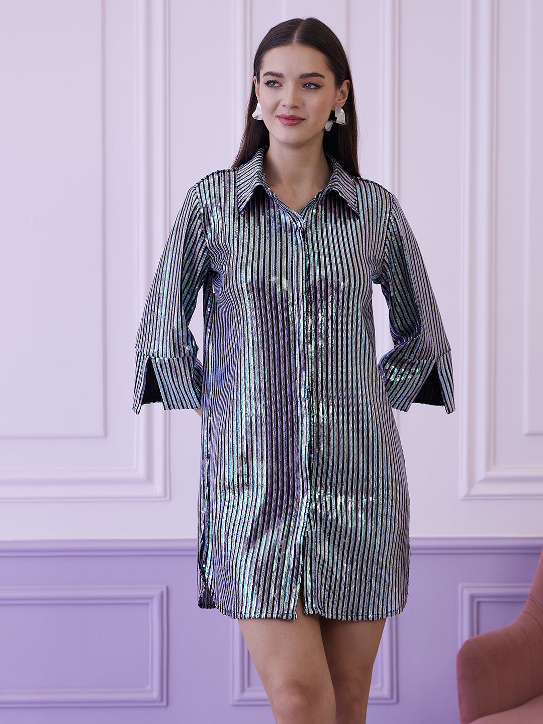 Athena Black & Silver Toned Embellished Shirt Mini Dress