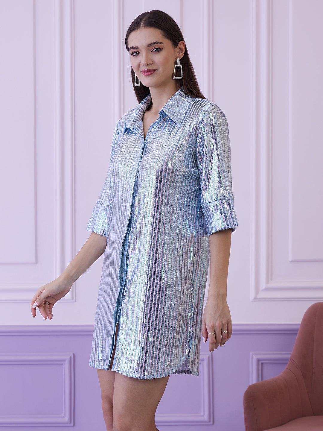 Athena Blue Embellished Shirt Dress