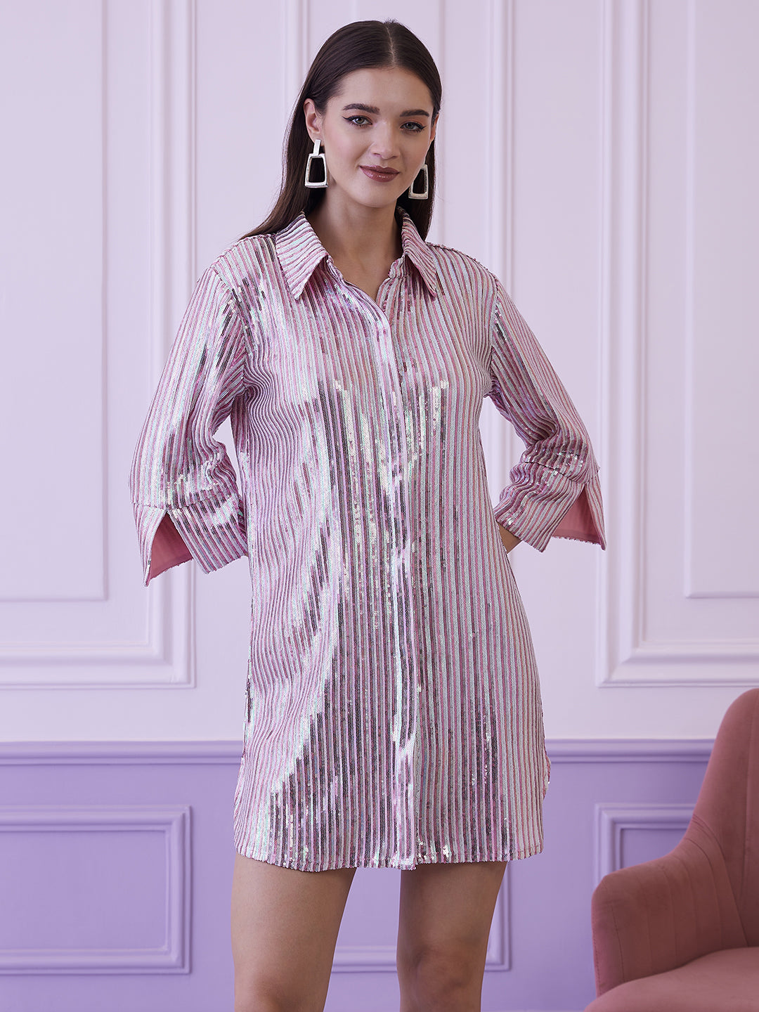 Athena Pink Embellished Shirt Dress