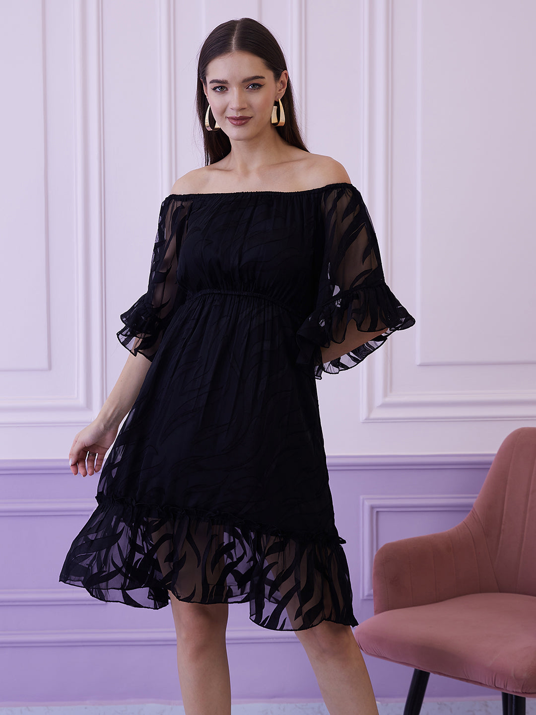 Athena Black Self Design Off-Shoulder Bell Sleeves Chiffon A-Line Dress