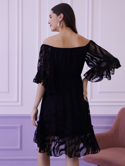 Athena Black Self Design Off-Shoulder Bell Sleeves Chiffon A-Line Dress