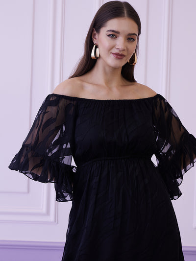 Athena Black Self Design Off-Shoulder Bell Sleeves Chiffon A-Line Dress