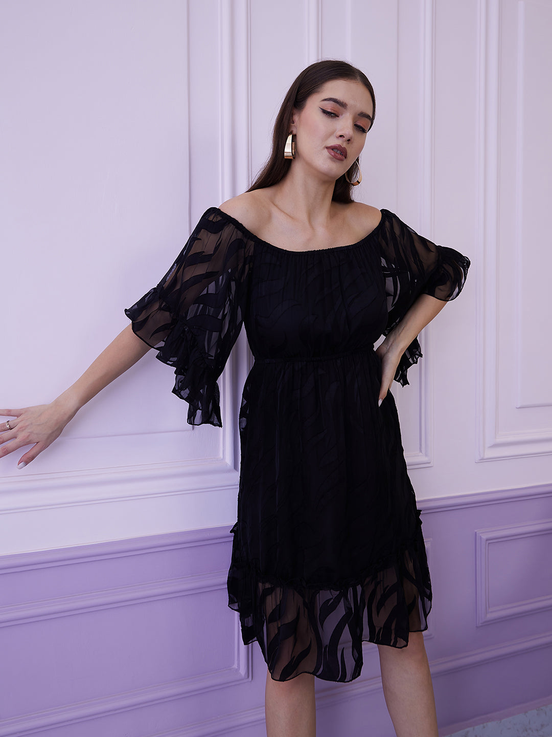 Athena Black Self Design Off-Shoulder Bell Sleeves Chiffon A-Line Dress